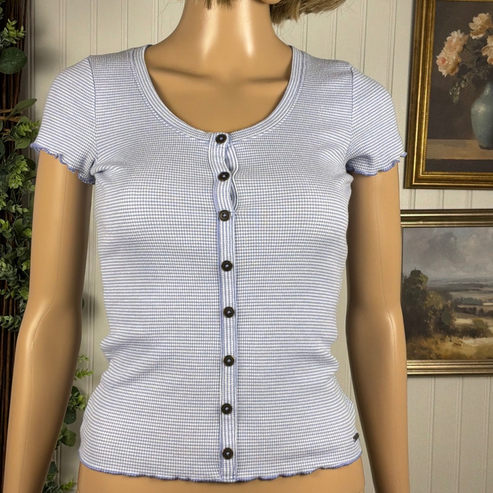 Hollister Henley Shirt Womens XS Blue Excellent Striped Ribbed